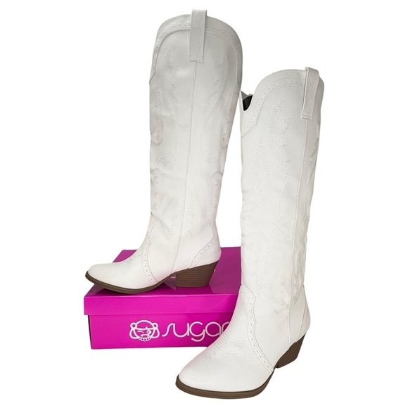 Sugar Shoes - Sugar Tall Tam White Faux Leather Knee High Womens Western Style Boots Size 9.5M